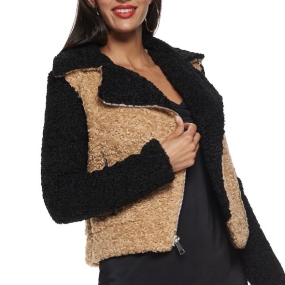 Nine West Teddy Moto Jacket Black Tan Faux Fur Sherpa sz M
